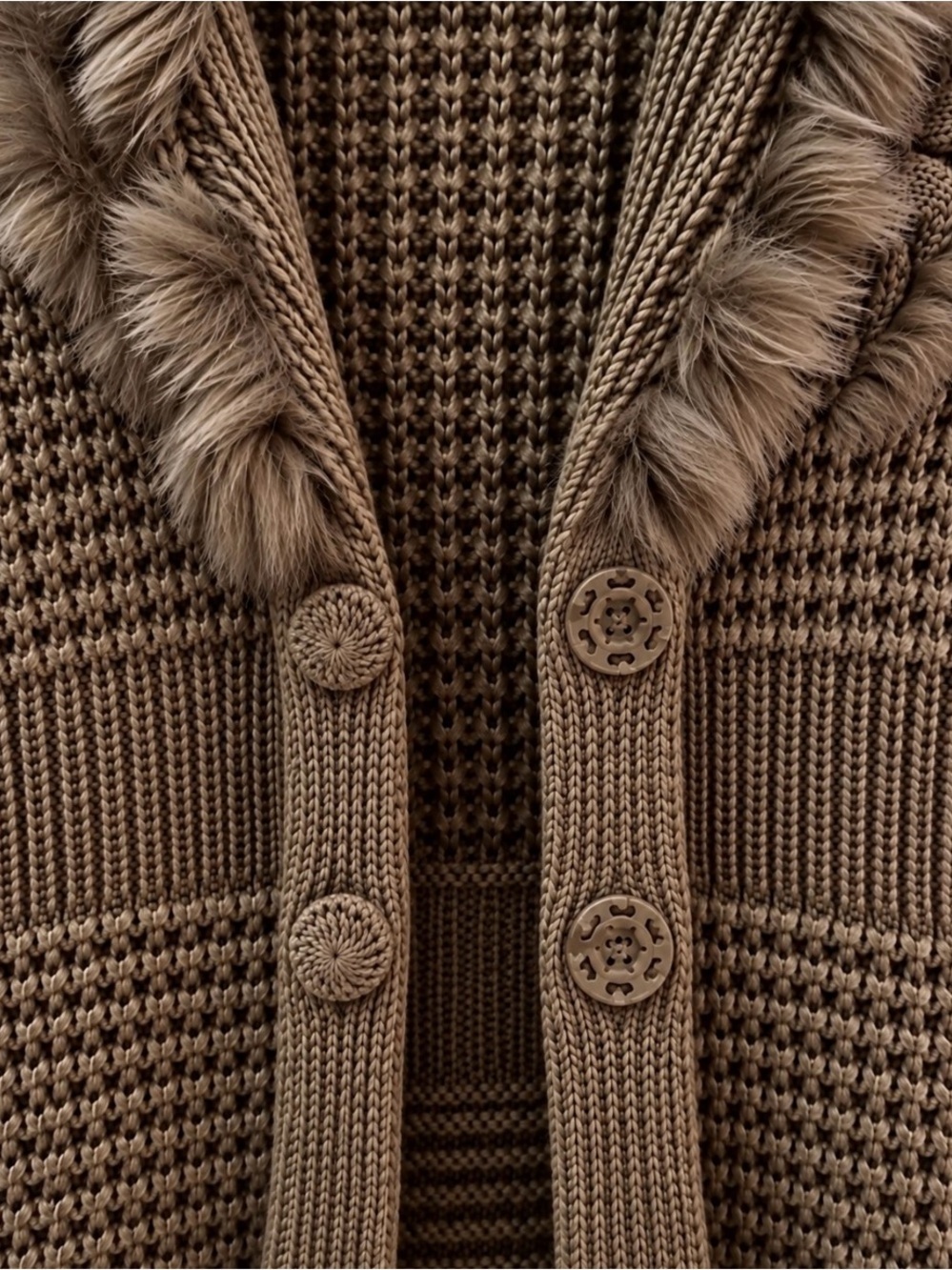 Vintage Y2K Sioni Faux Fur Trim Cable Knit Cardigan Brown Petite Large PL - Picture 6 of 9